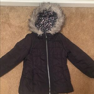 Jessica Simpson Black Puffer Jacket with Faux Fur Hood size 6x/ large girls.